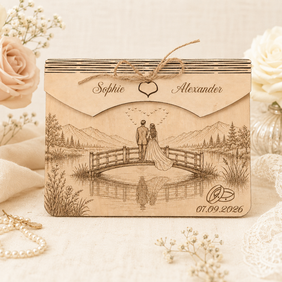 Personalisierter Holz-Geldumschlag zur Hochzeit mit Brautpaar auf Brücke, Bergsee, Namen und Datum als romantische Idee für Geldgeschenke.