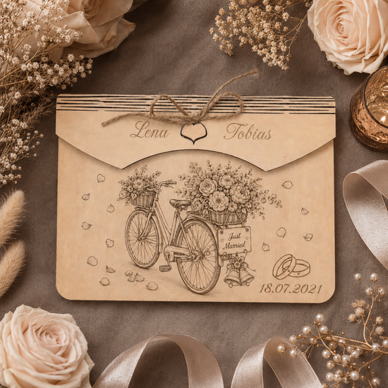 Personalisierter Geldumschlag zur Hochzeit aus Holz mit Blumenfahrrad, Namen und Datum als romantisches Geldgeschenk in Draufsicht