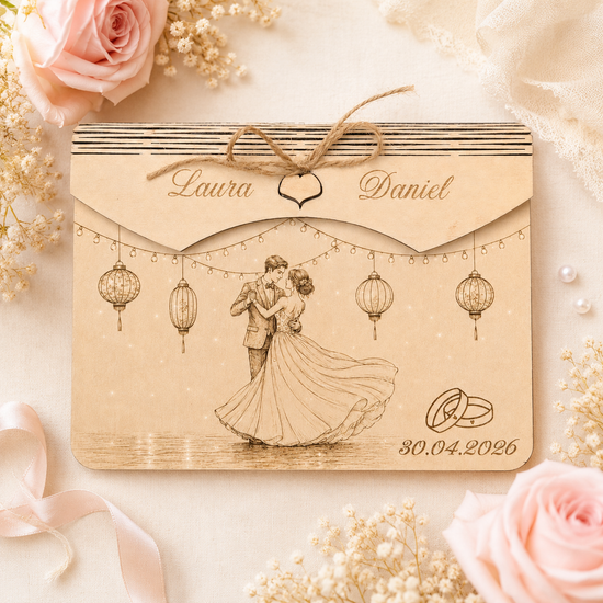 Personalisierter Geldumschlag aus Holz zur Hochzeit mit tanzendem Brautpaar, Lampions, Namen und Datum als romantisches Geldgeschenk.
