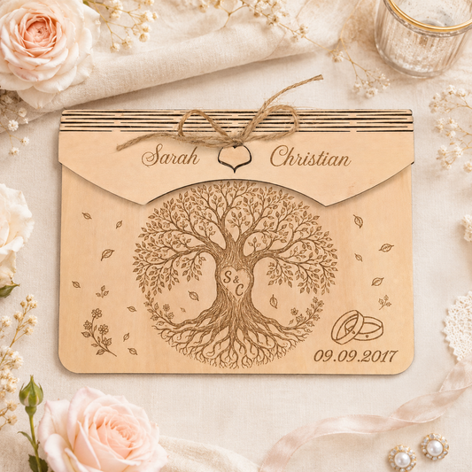Personalisierter Holz-Geldumschlag zur Hochzeit mit Lebensbaum, Initialen, Namen und Datum als edle Geschenkidee im hellen Blumen-Flatlay.