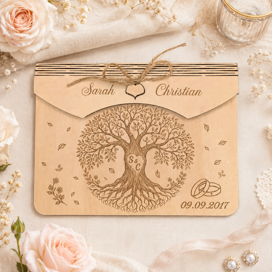 Personalisierter Holz-Geldumschlag zur Hochzeit mit Lebensbaum, Initialen, Namen und Datum als edle Geschenkidee im hellen Blumen-Flatlay.