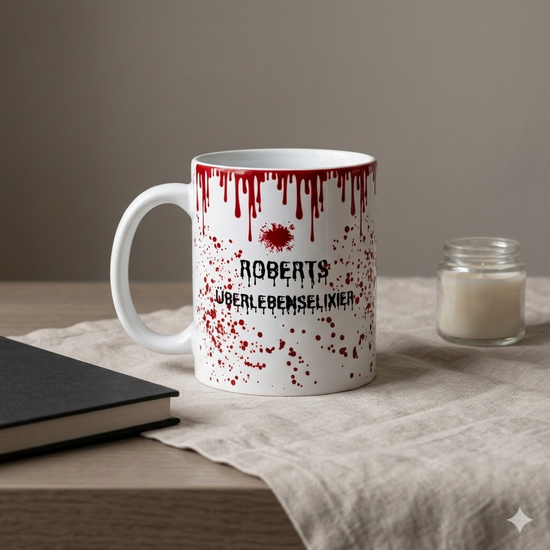 Personalisierte Horror Tasse mit Name und Blut Effekt, stilvoll inszeniert mit Buch und Kerze, kreative Geschenkidee für Kaffee Fans in Deutschland