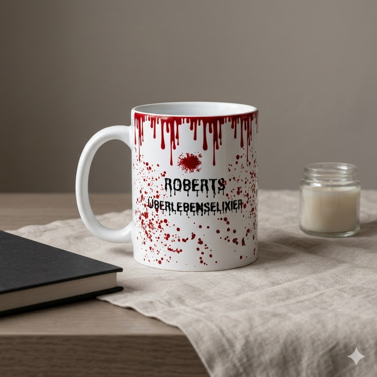 Personalisierte Horror Tasse mit Name und Blut Effekt, stilvoll inszeniert mit Buch und Kerze, kreative Geschenkidee für Kaffee Fans in Deutschland