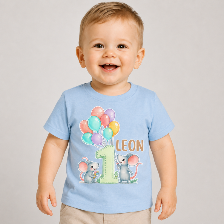 Personalisiertes Baby Shirt 1. Geburtstag Maus mit Ballons – Jungen Geburtstags T-Shirt mit Name