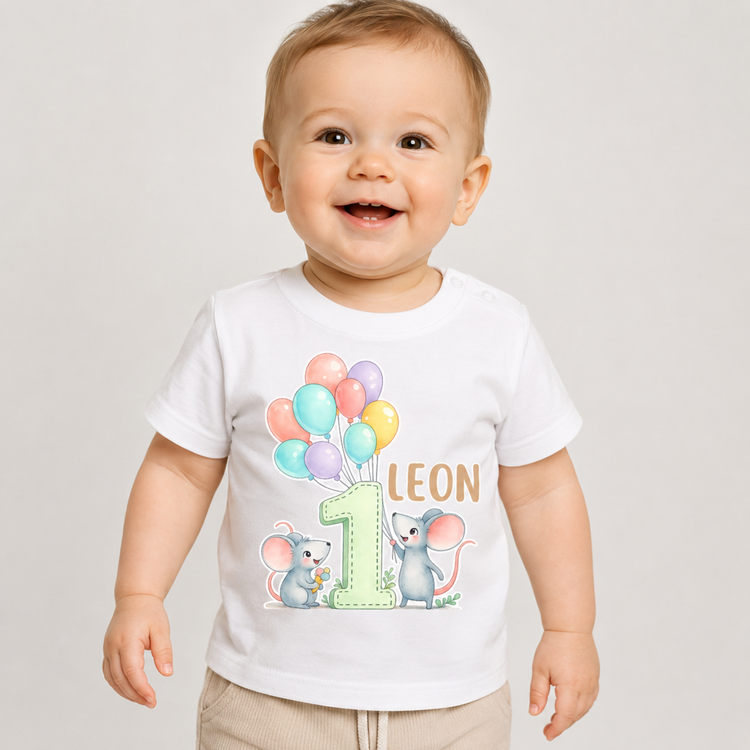 Personalisiertes Baby Shirt 1. Geburtstag Maus mit Ballons – Jungen Geburtstags T-Shirt mit Name