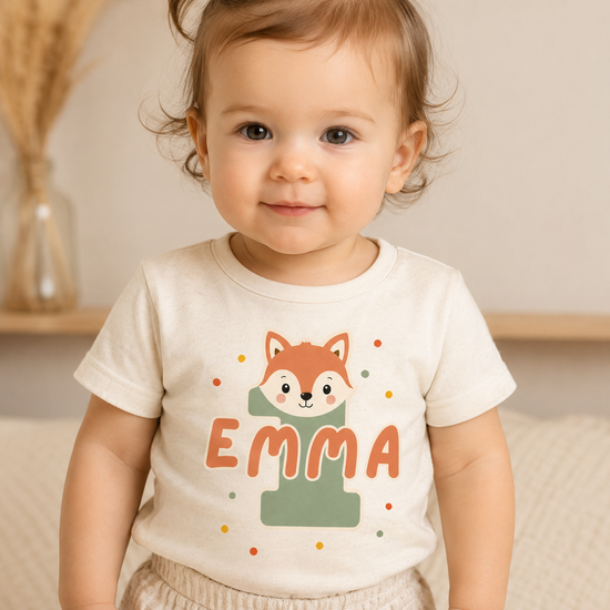 Personalisiertes Babyshirt zum ersten Geburtstag in Natur mit Fuchs-Motiv, Zahl 1 und Name Emma