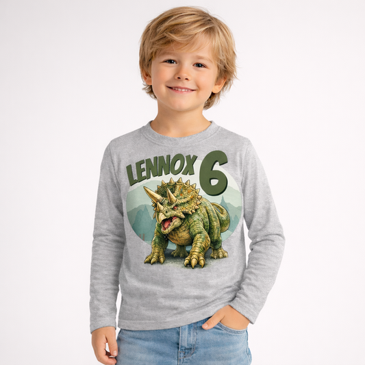 kinder dinosaurier langarmshirt geburtstag triceratops personalisiert name alter grau