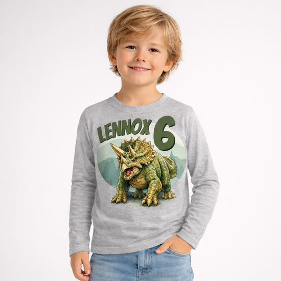kinder dinosaurier langarmshirt geburtstag triceratops personalisiert name alter grau