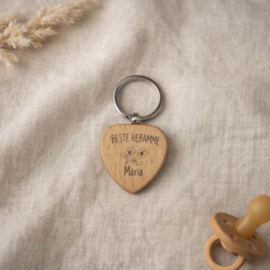 Schluesselanhaenger aus Holz Beste Hebamme Maria, individuelles Abschiedsgeschenk mit Gravur und Blumenmotiv