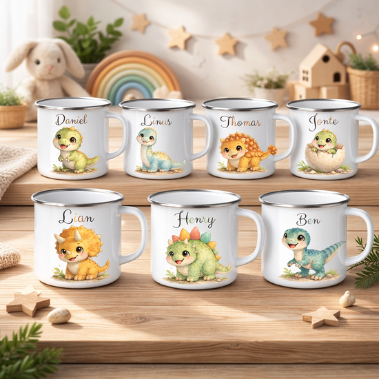 Set personalisierter Emaille Kinder Tassen mit Dinosaurier Motiv und Namen, Geschenkidee fuer Kita, Einschulung oder Geburtstag