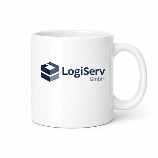 Weiße Keramik Werbetasse mit LogiServ GmbH Logo in Frontansicht, glänzende Logo-Tasse als Werbeartikel für Büro, Empfang und Kundengeschenke